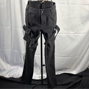 Punk Rave Men's Black Slim Straight Jeans with Strap Details